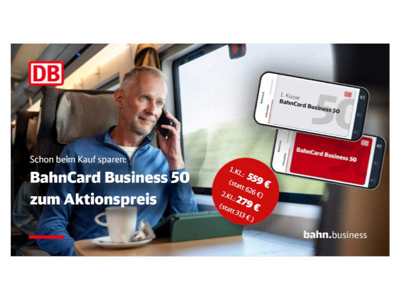 DB: Doppelt profitieren: Aktionspreis nutzen und ein Jahr lang  bei jeder Fahrt bis zu 50 % sparen.
